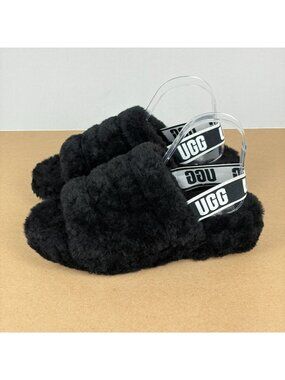 UGG Fluff Yeah Slingback Slippers Womens 8 Black Fur Sheepskin Casual Comfort